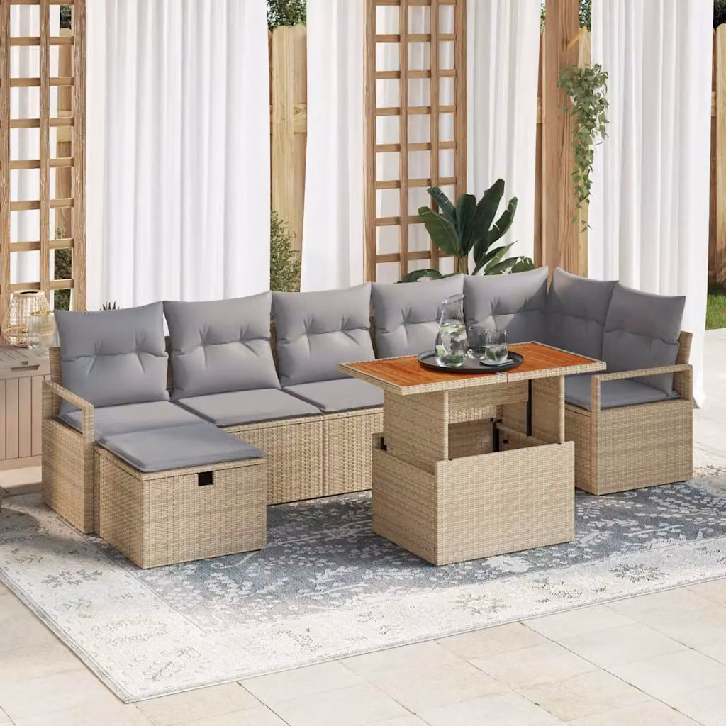 Set Divano da Giardino vidaXL 8 Pezzi in Polyrattan Beige con Cuscini e Tavolino da Caffè