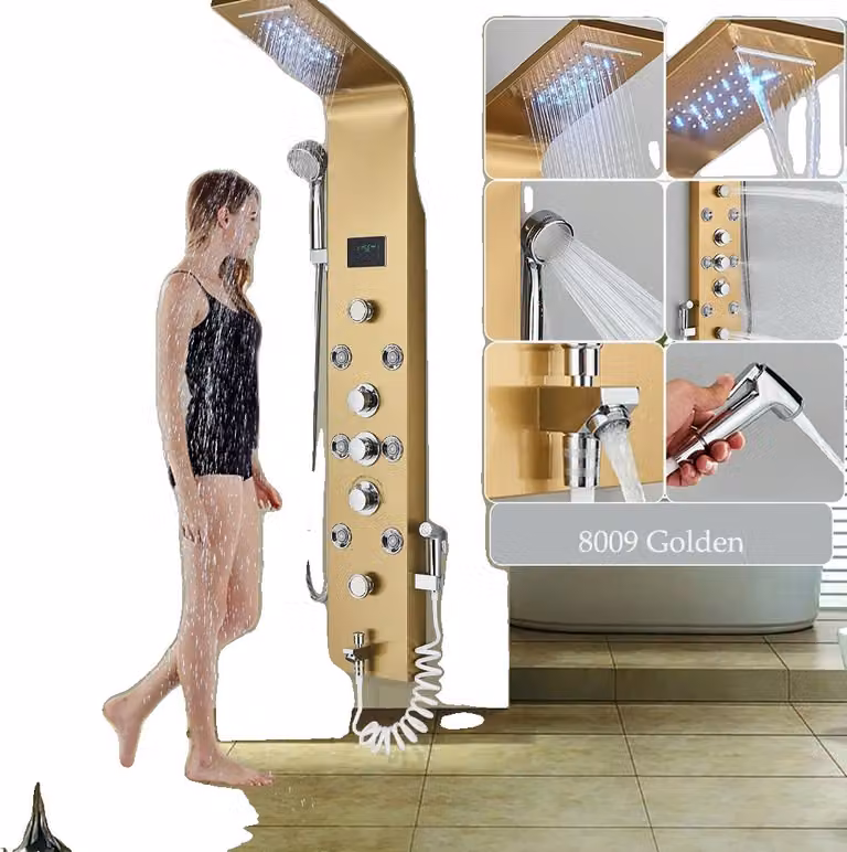 Pannello doccia a LED, controllo dell'acqua calda e fredda, design moderno, Oro 8009