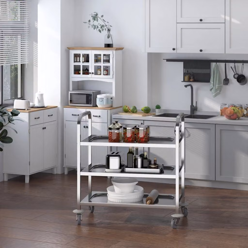 EasyComfort Carrello da Cucina in Acciaio Inossidabile 430 Argento con 3 Ripiani Aperti e 4 Ruote Omnidirezionali L 90.5 cm x P 50.5 cm x H 88.2 cm – 2