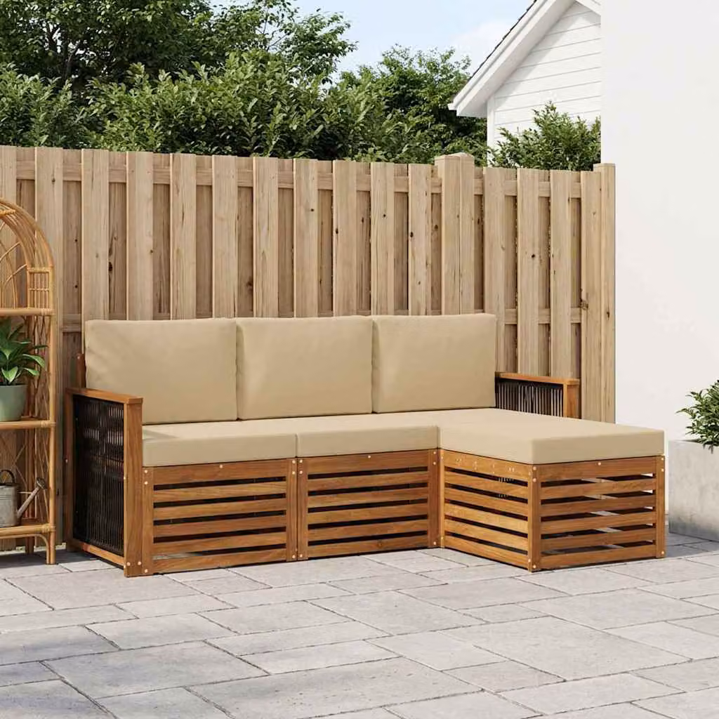 Set di divani da esterno vidaXL a forma di L in legno di acacia con pouf e cuscini, colore beige e marrone
