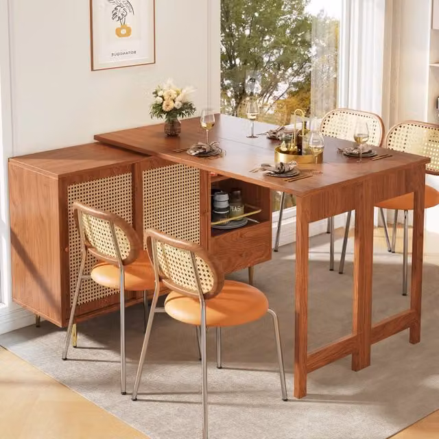 Mobile bar girevole a 360 gradi con piano estensibile ante in rattan ripiani aperti e cassetti in MDF marrone