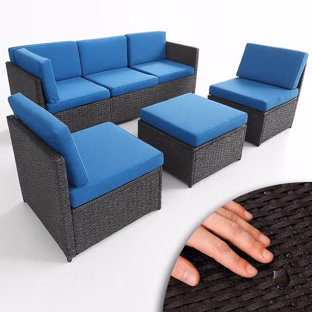 Set 4 Pezzi Salotto per Esterni Giardino in Polyrattan Anti UV con Cuscini Blu