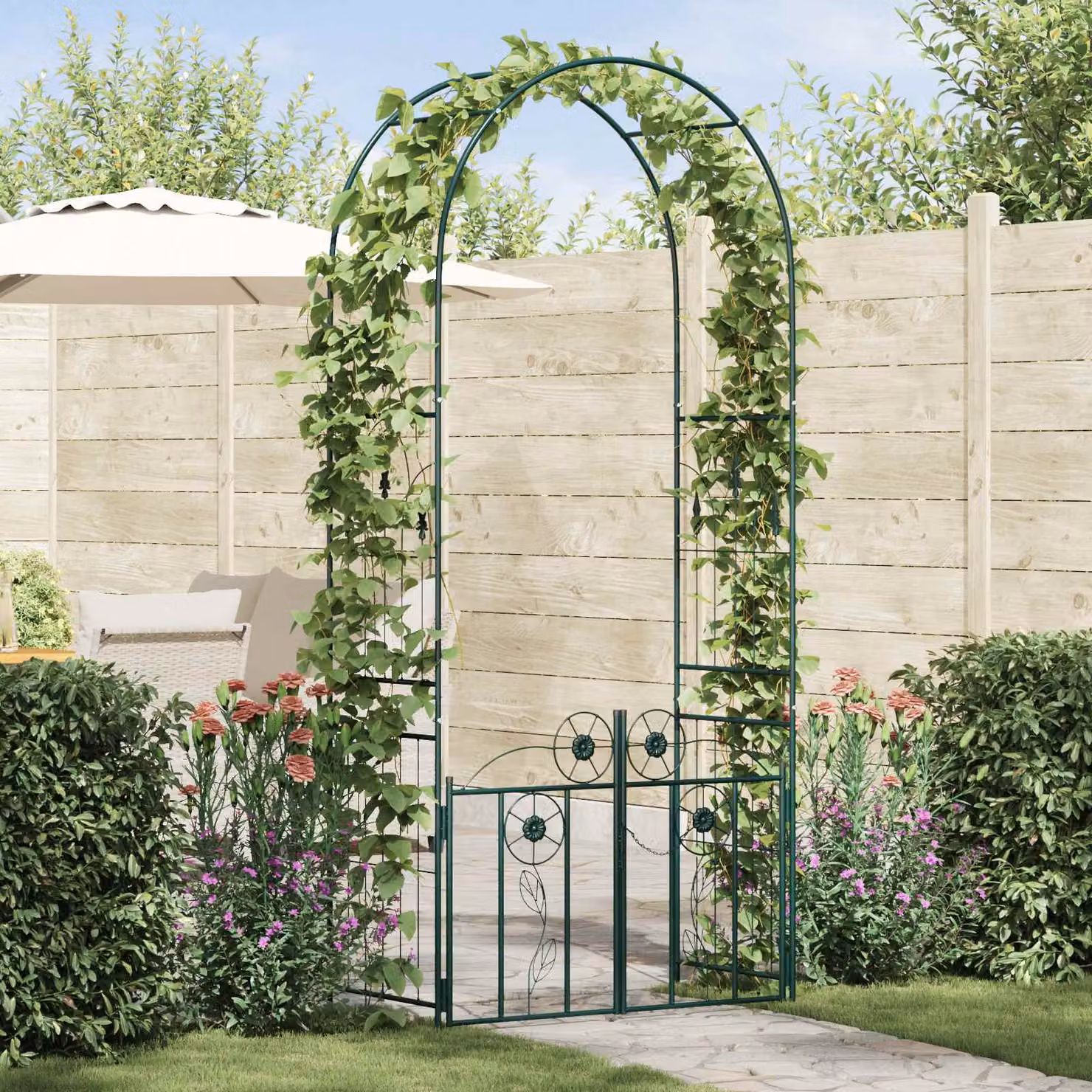 Arco da giardino ornamentale vidaXL in acciaio verde L: 102 cm, P: 50 cm, H: 218 cm