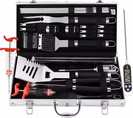 Set di accessori da barbecue Riokem da 25 pezzi in acciaio inox con valigetta in alluminio argento