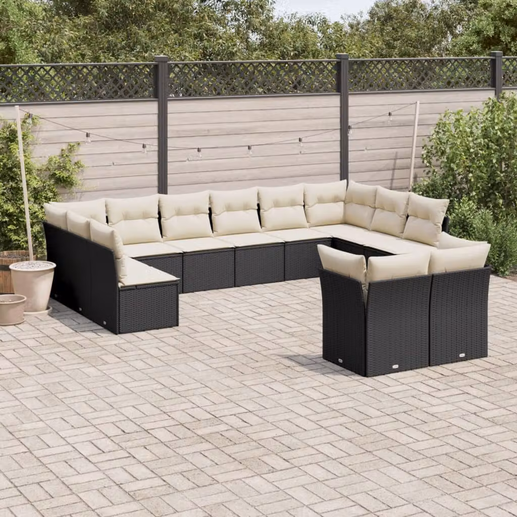 Set di divani da giardino vidaXL 12 pz a forma di U in polyrattan nero con cuscini imbottiti e coperture rimovibili – 1