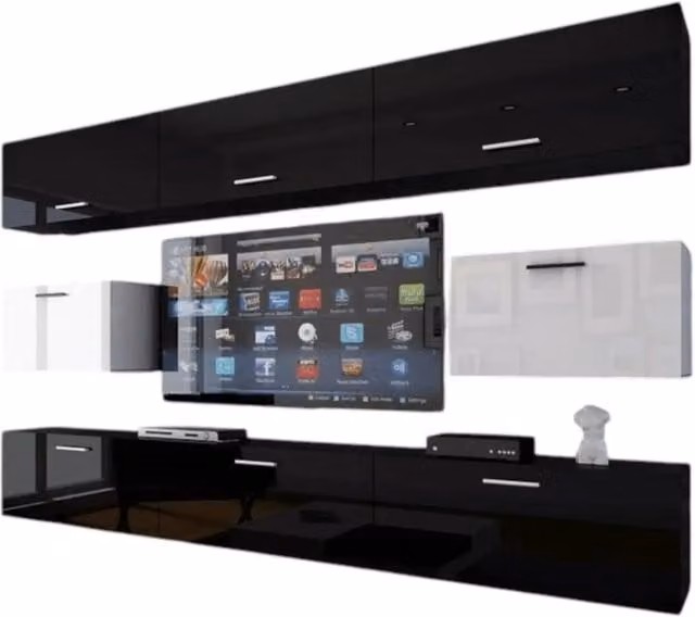 Set di mobili da soggiorno nero e bianco sospesi collezione CEPTO VII 249cm, 8 porte, modulari.