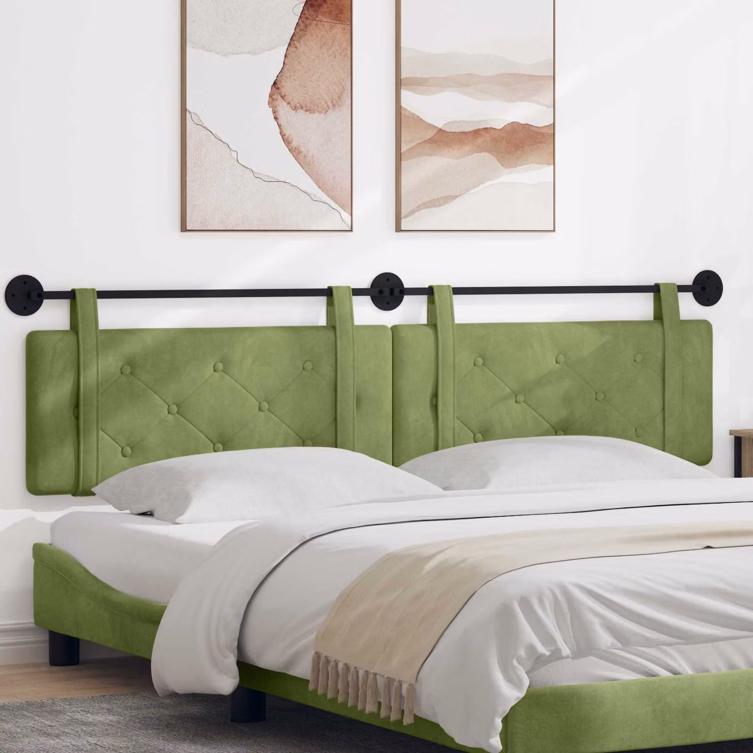 Testiera sospesa vidaXL in velluto verde chiaro con struttura in legno per camera da letto