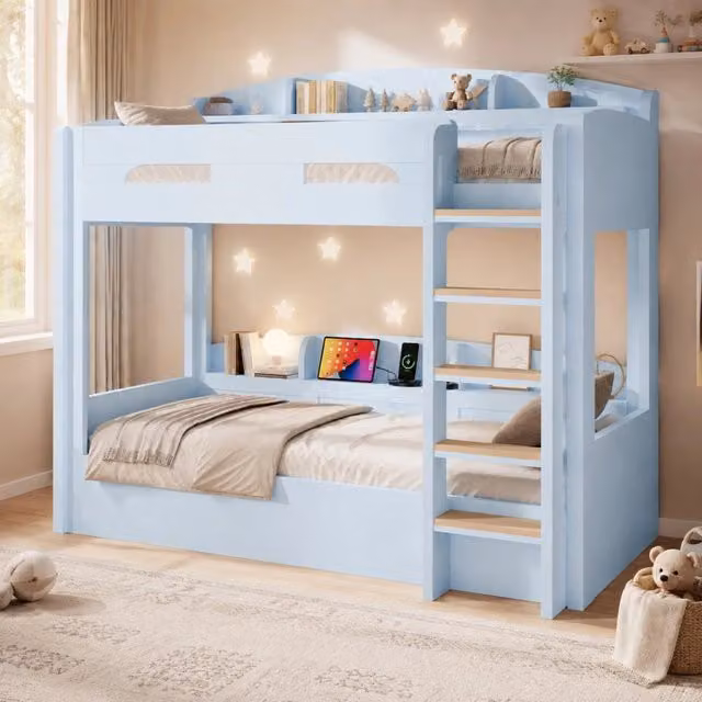 Letto a castello con letto inferiore e presa USB, mensole integrate, colore azzurro chiaro