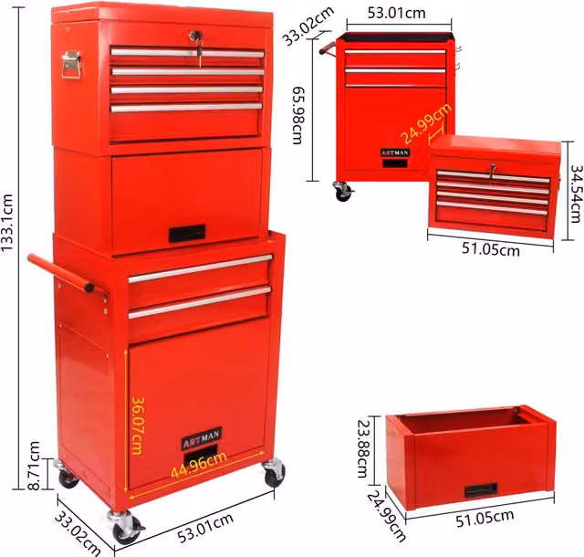 Carrello portautensili rosso in acciaio con 6 cassetti