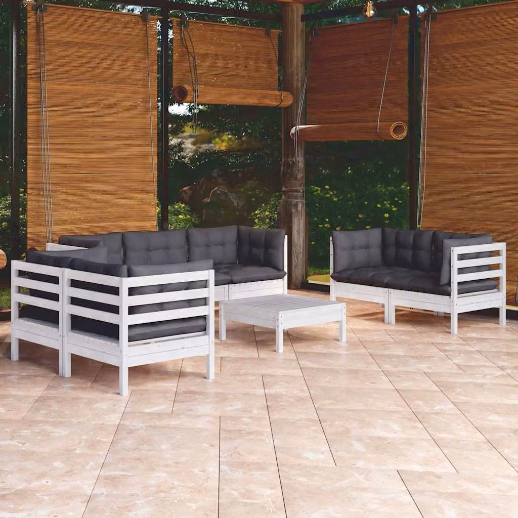 vidaXL Set Salotto da Giardino a L in Legno di Pino con 8 Cuscini Bianco e Antracite