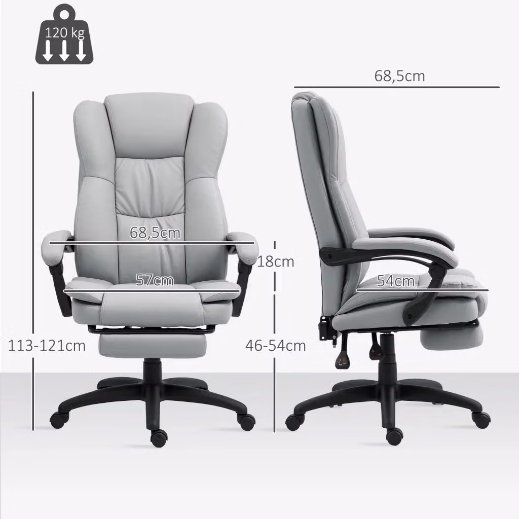 Sedia da ufficio ergonomica WISHDOR in ecopelle grigia con poggiatesta, braccioli e base girevole a 360 gradi, H: 121 cm, L: 68,5 cm, P: 68,5 cm – 2