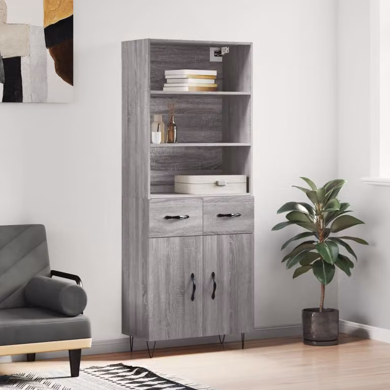 Credenza moderna vidaXL in legno e metallo, Grigio, L: 69,5 cm, P: 34 cm, H: 180 cm
