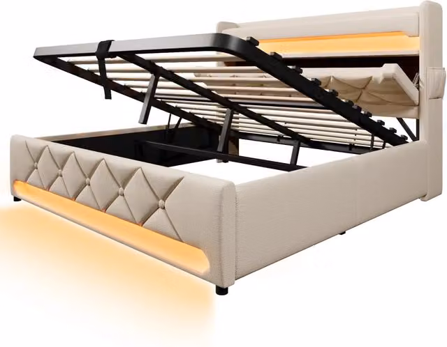 Letto matrimoniale imbottito 140x190 cm con testiera contenitore, porte USB e Type-C, illuminazione LED 360°, contenitore idraulico beige in lino (senza materasso)