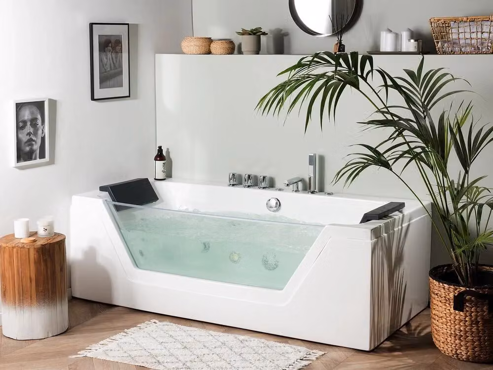Vasca Idromassaggio Beliani in Acrilico e Vetro con LED, Bianco e Argento, L: 160 cm, P: 76 cm, H: 55 cm – 2