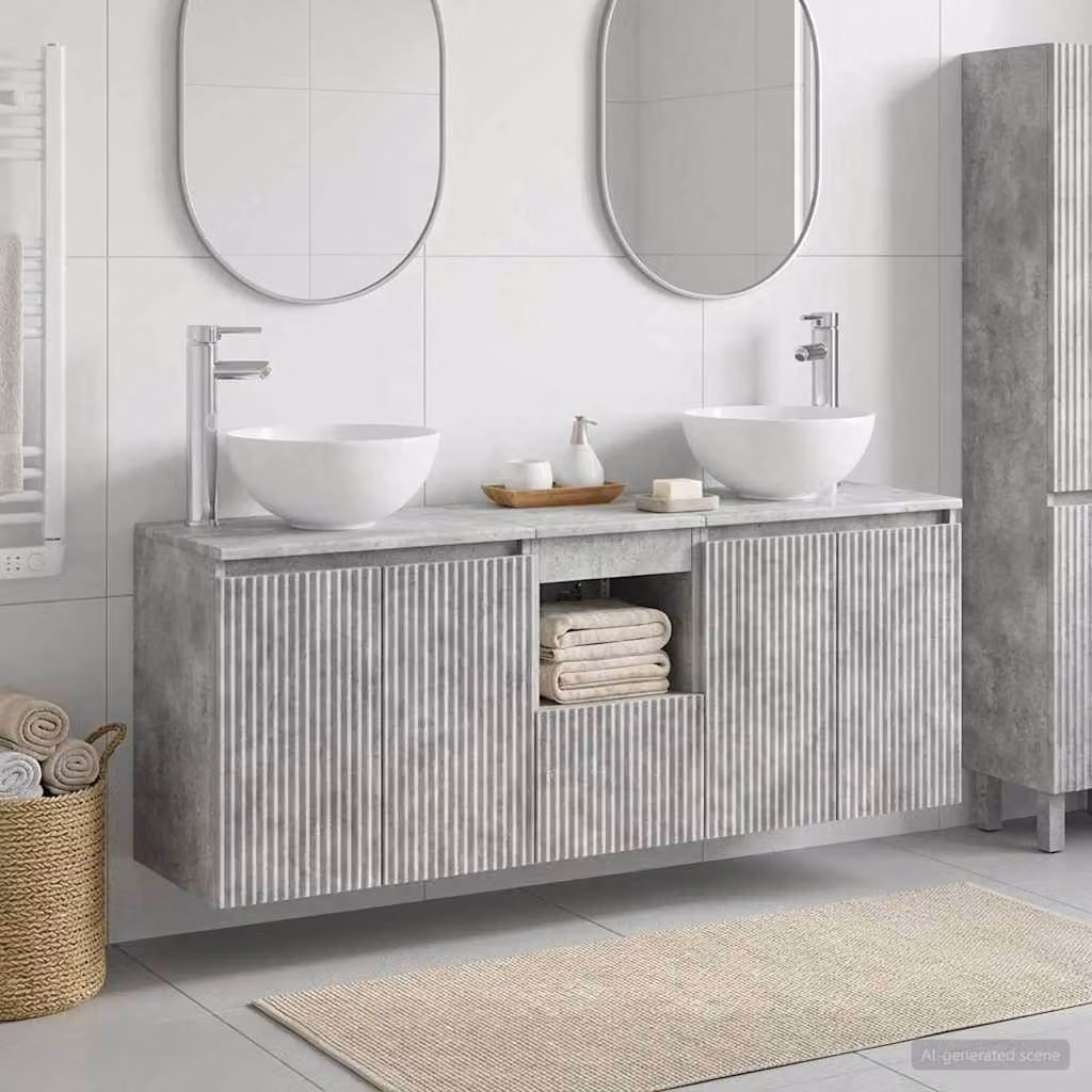 vidaXL Set di 3 Armadi da Bagno Moderni in Legno e Metallo, Grigio, L/P/H: 129 x 35 x 80 cm