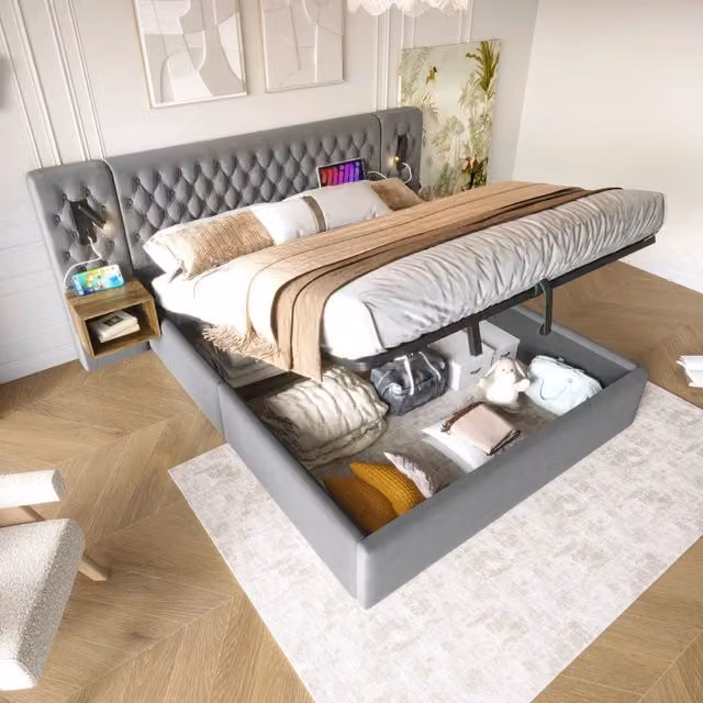 Set camera da letto completo, letto imbottito idraulico 160x200 cm con 2 comodini e contenitore, velluto - Grigio (senza materasso)