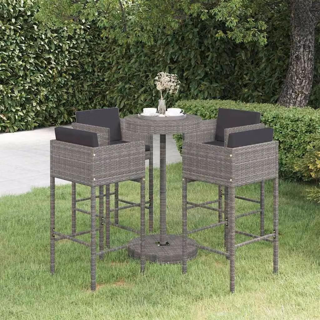 Set da Bar da Giardino vidaXL in Polyrattan Grigio con 5 Pezzi e Cuscini