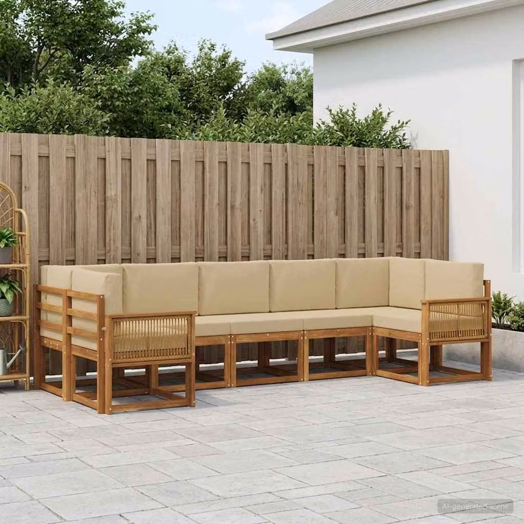 vidaXL Set di divani da esterno a L composto da 7 pezzi in legno di acacia, colore beige e marrone con cuscini inclusi