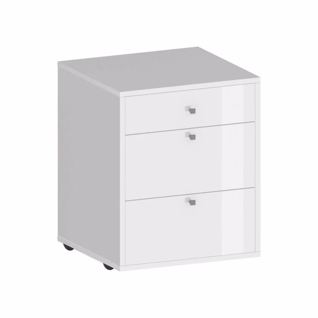 Cassettiera Asgabat DMORA con 3 cassetti per camera da letto, Bianco lucido, L: 47 cm, P: 45 cm, H: 61 cm – 2