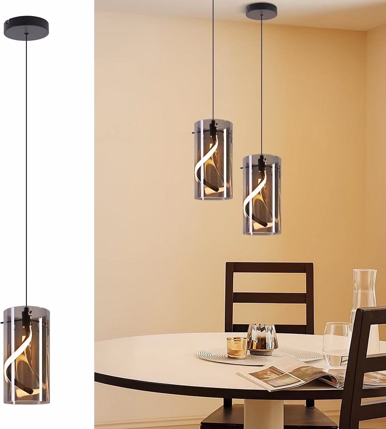 Lampada a sospensione LED ZMH per tavolo da pranzo, in vetro, a 1 luce, 11 W, stile retrò, grigio fumo, 3000 K, bianco caldo, per corridoio e tavolo da pranzo