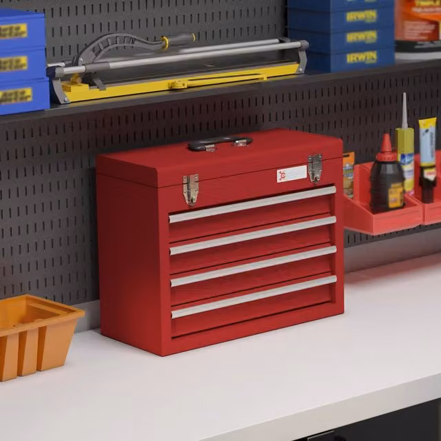 Cassetta portautensili in acciaio inossidabile rossa con 4 cassetti, serratura e vano superiore per attrezzi L/P/H: 51,0 x 39,5 x 22,0 cm