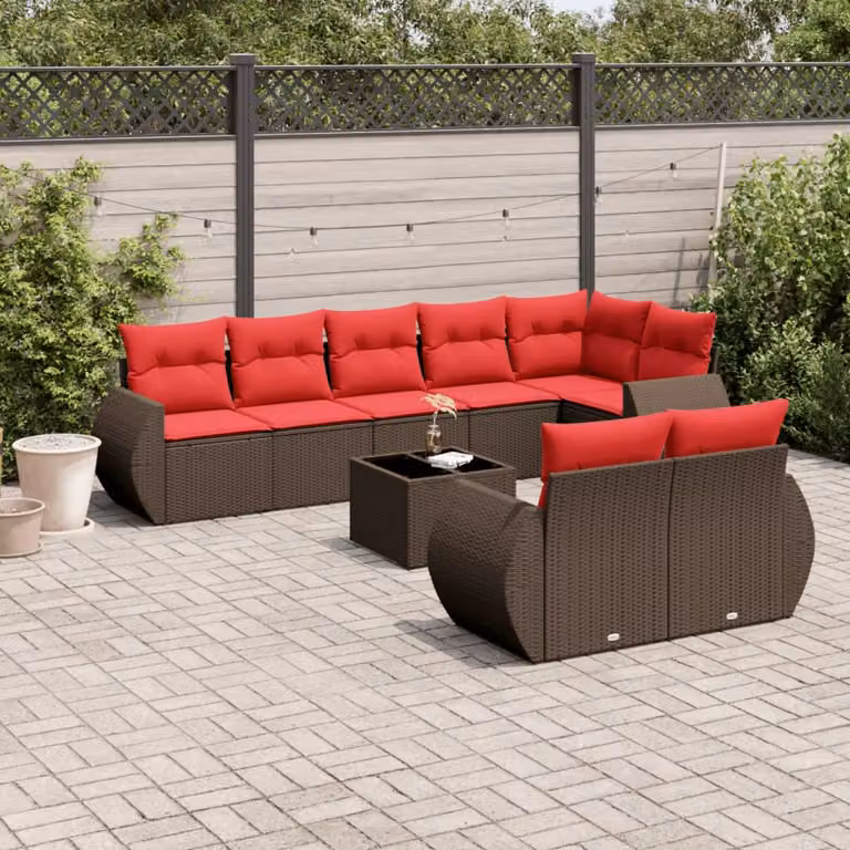 Set di divani da giardino vidaXL 9 pz in polyrattan marrone con cuscini e tavolino da esterno a forma di L