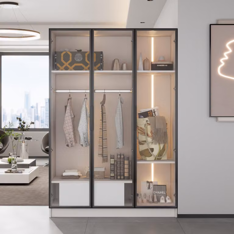 Sweiko Spazioso armadio bianco con 3 ante in vetro, 1 cassetto e 1 asta appendiabiti - 110x50x160 cm - con luce LED