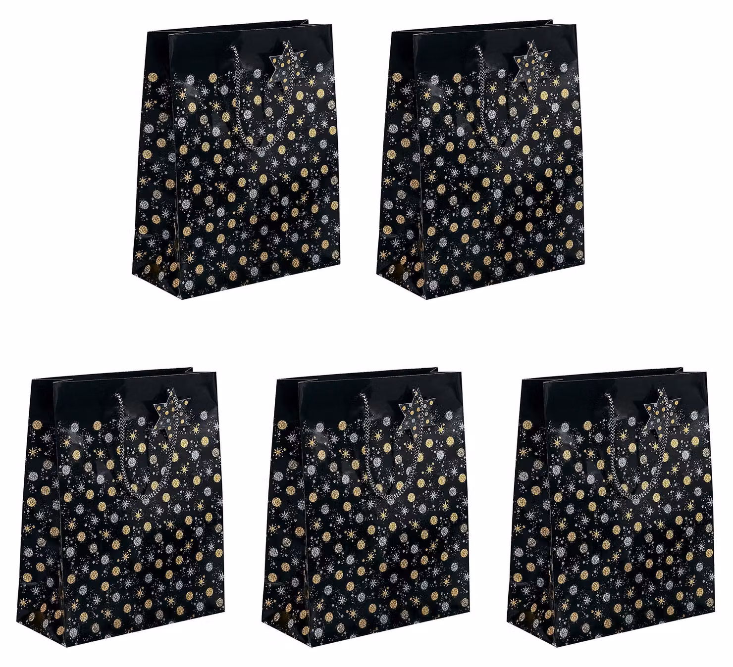 Sacchetti regalo in carta, 23x17 cm, confezione da 5 pezzi, colori: nero, oro, argento
