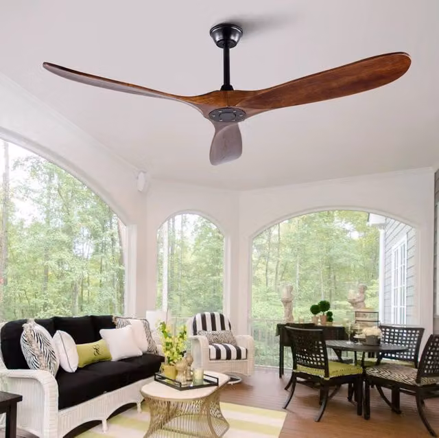 Ventilatore da soffitto senza luce con 6 velocità; motore DC reversibile; nero e noce scuro