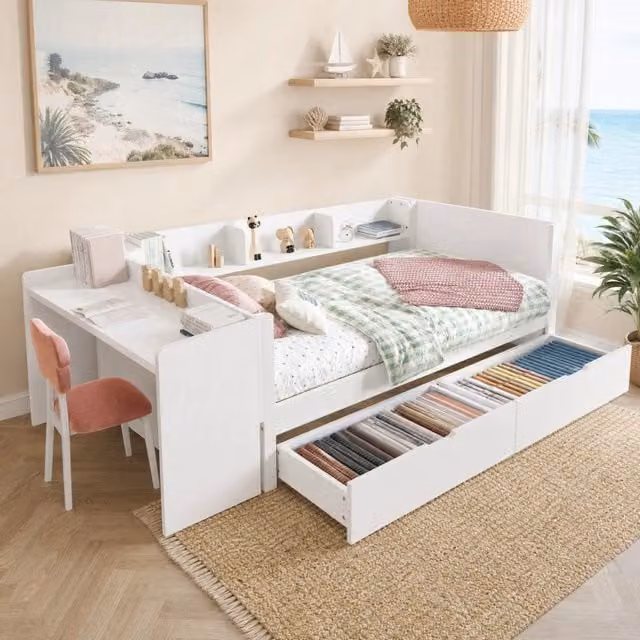 Letto Singolo REDOM Bianco con Scrivania e 2 Cassetti in Legno di Pino e MDF, L/P: 90 x 200 cm