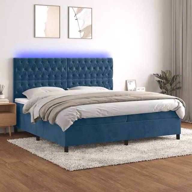 Letto Ibrido vidaXL con Materasso a Molle Insacchettate e Illuminazione LED Blu, Struttura in Legno e Tessuto Velluto, L/P: 200 x 200 cm, H: 203 cm – 1