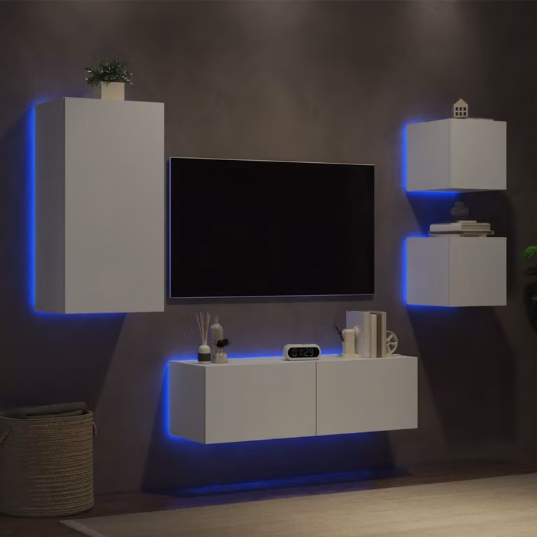 Mobili TV a muro vidaXL in legno bianco con luci LED integrate per soggiorno, set da 4 pezzi