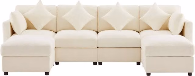 Divano modulare a forma di U/L in tessuto chenille beige con 2 pouf e 4 cuscini decorativi