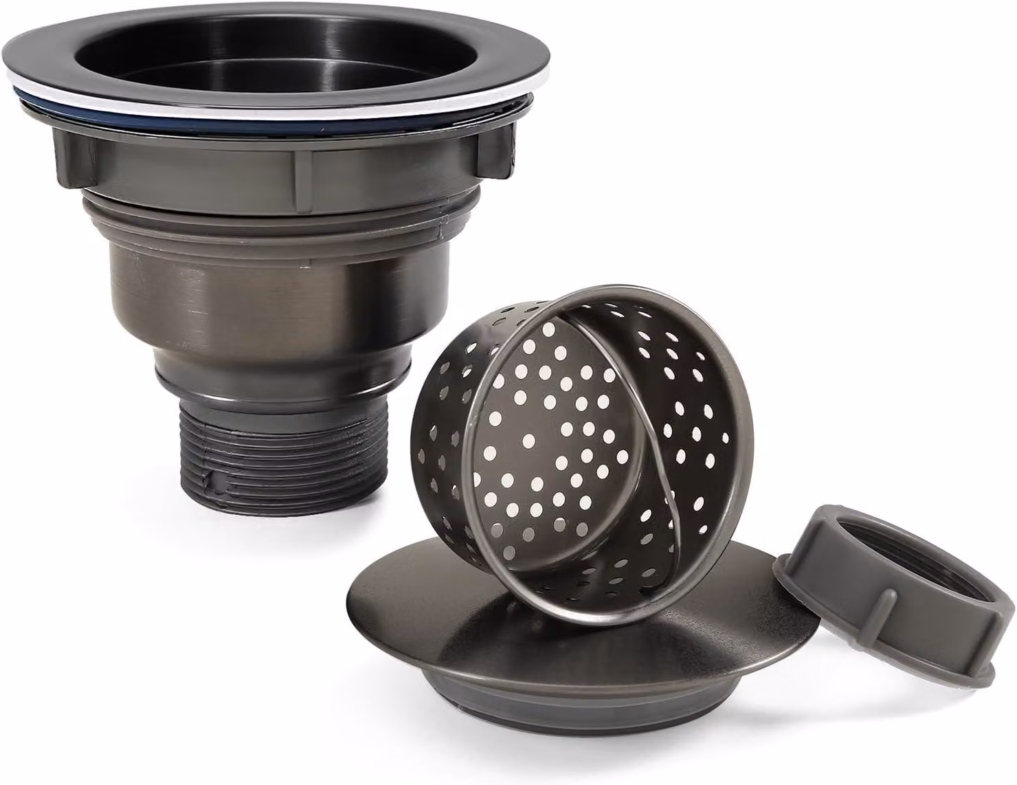 Scarico per lavello da cucina, diametro 114 mm, acciaio inossidabile 304, colore nero, con cestello filtrante e tappo, per cucina