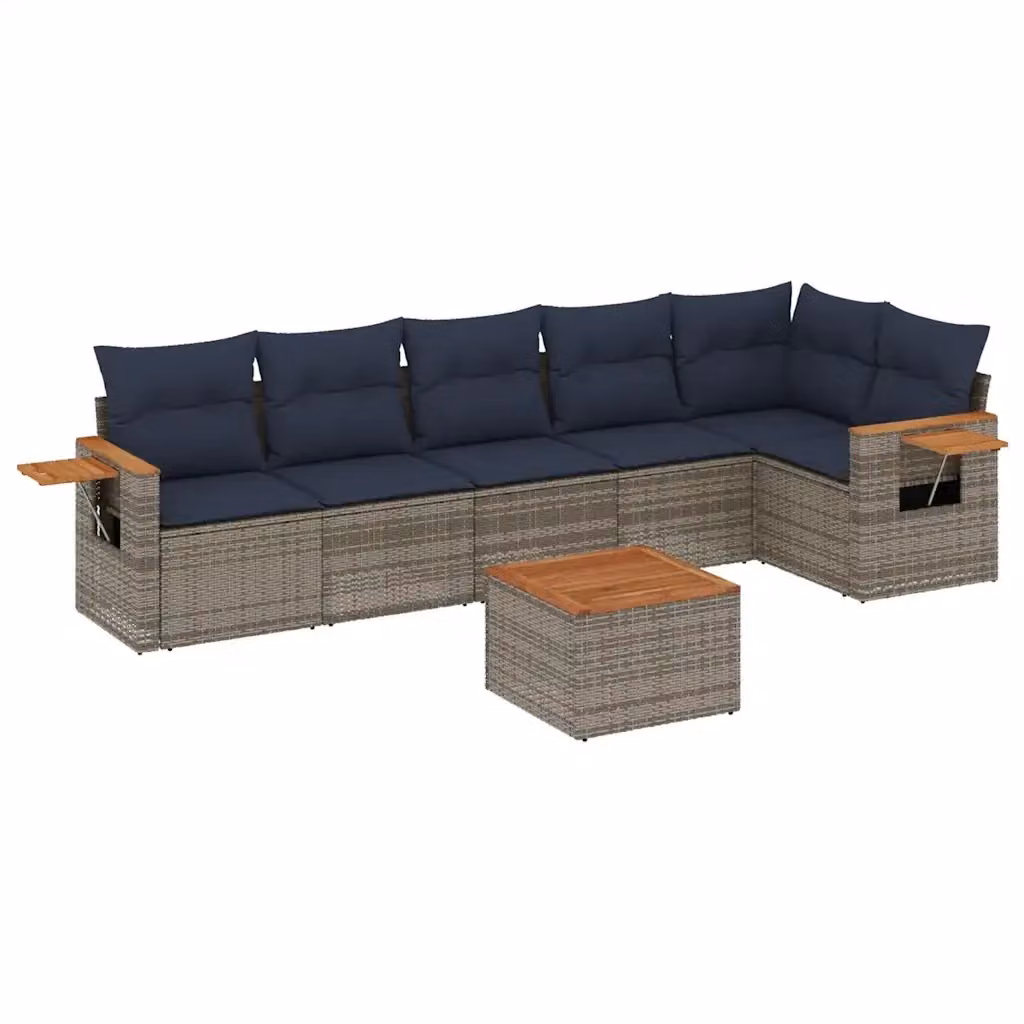 vidaXL Set Divani da Giardino 7 pz a L con Cuscini Blu e Grigio in Polyrattan e Legno di Acacia – 2