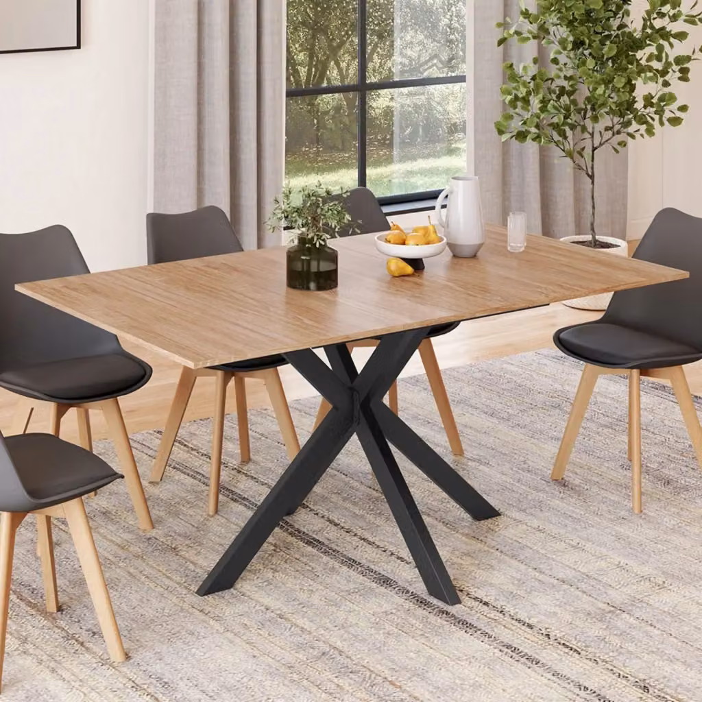 IDMarket ALIX Tavolo da pranzo rettangolare allungabile in stile industrial con gambe a X in metallo nero e piano in legno marrone – 2