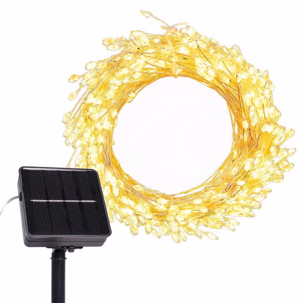 Catena luminosa solare, 6 metri, 200 LED, luce bianco caldo, 8 modalità, impermeabile, filo di rame