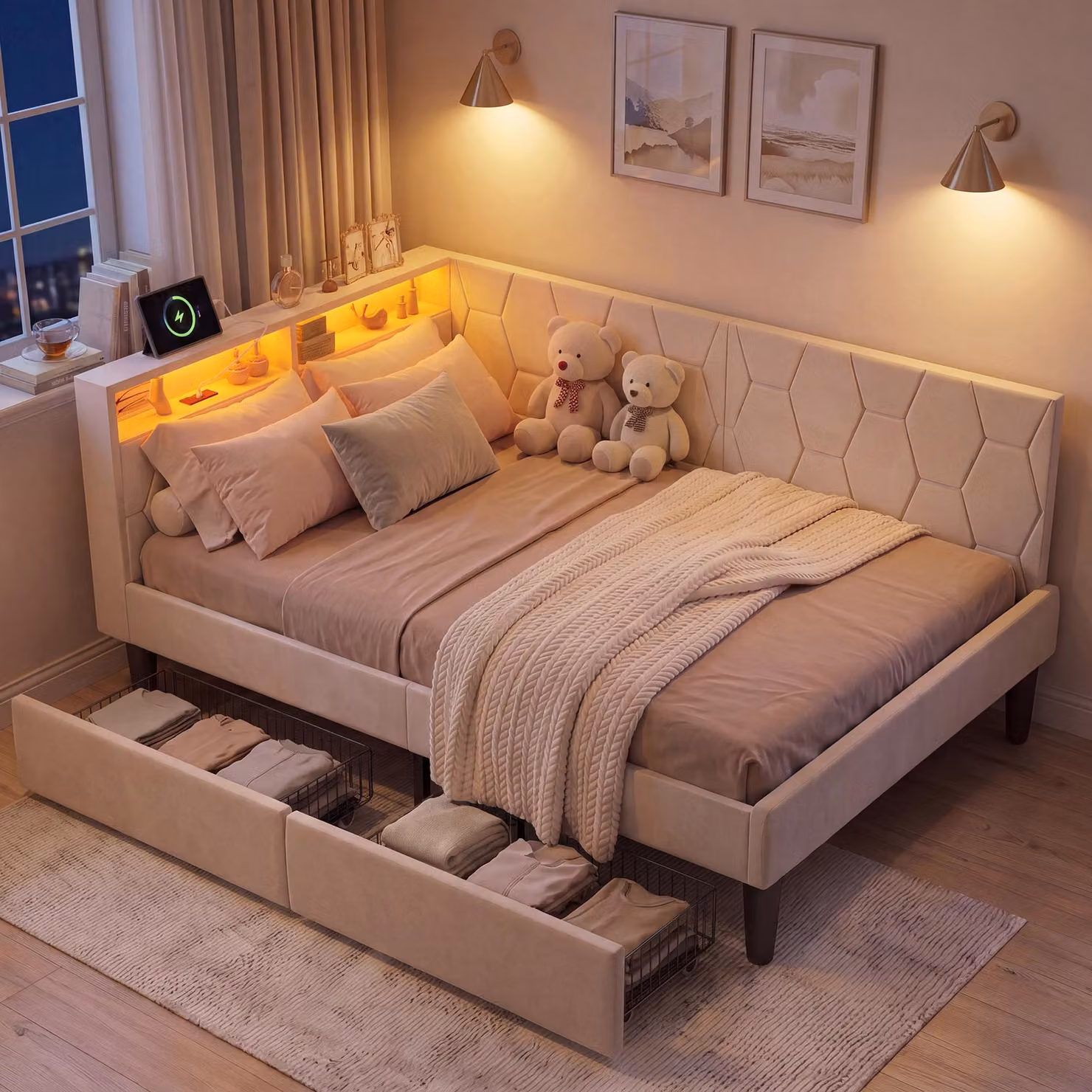 Letto imbottito UnboxG 90x200 cm, rivestito in velluto, con 2 cassetti, illuminazione LED, porta USB e porta di tipo C, contenitore per biancheria, divano letto 2-in-1 (letto o divano), rete a doghe, color beige