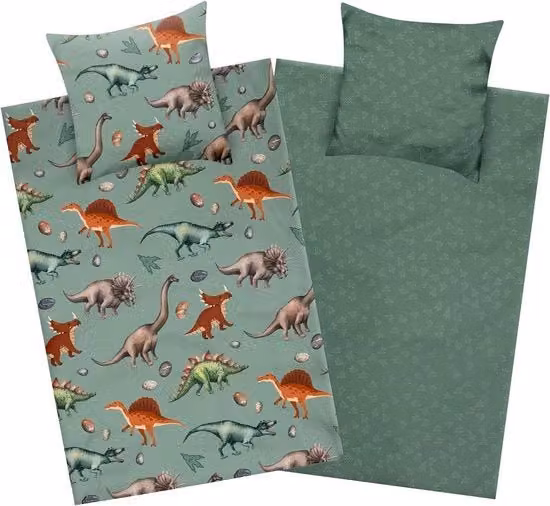 Biancheria da letto per bambini con motivo dinosauro verde, set reversibile in flanella di cotone con chiusura a zip, L/P: 135 x 200 cm