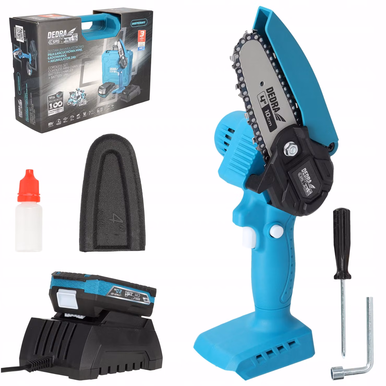 Set di utensili DEDRA: mini sega a catena, batteria da 2,0 Ah e caricabatterie