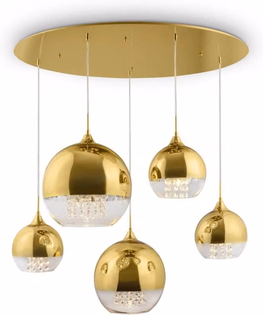 Lampada pendente moderna Fermi di GIORDANOSHOP in metallo e vetro color oro con diffusore a sfera trasparente