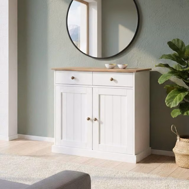 Madia Buja DMORA con 2 cassetti in legno rovere, Bianco e Marrone, L: 90 cm, P: 45 cm, H: 86 cm