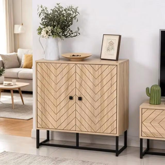 Credenza moderna WISHDOR bicolore nero e beige con ripiani in legno e base in metallo – 1
