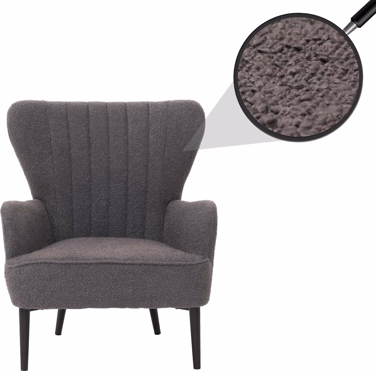 Poltrona relax HWC-K37, poltrona da cocktail/poltrona a orecchie, sedia imbottita in stile retrò vintage, rivestita in tessuto bouclé (600 g/m²), colore grigio scuro