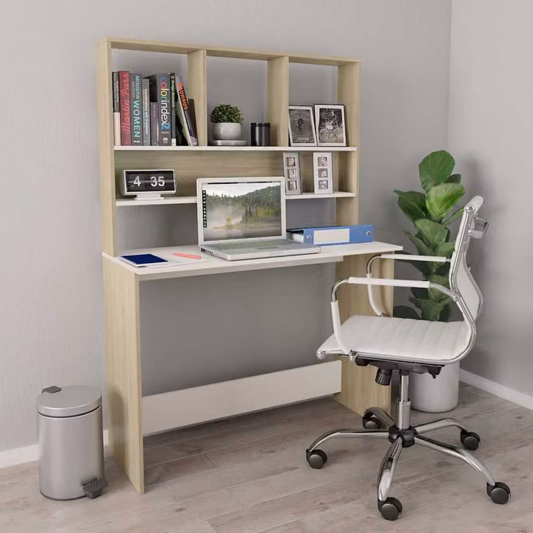 Scrivania con ripiani moderna vidaXL in legno bianco e rovere, L 110 cm x P 45 cm x H 157 cm