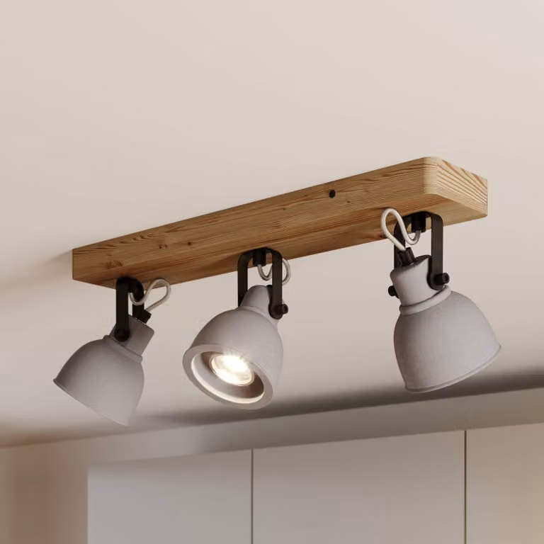 Lindby Spot Mitis, 50 cm, a 3 luci, grigio, legno, cemento, GU10 Mitis Lindby, dimmerabile, Legno chiaro, Soggiorno / Sala da pranzo, calcestruzzo / cemento, Industriale, Faretto