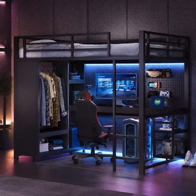 Letto a soppalco 140x200 cm in metallo e MDF con LED; scrivania e armadio aperto; nero