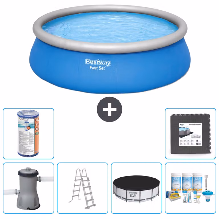 Piscina gonfiabile rotonda Bestway ad ambientazione rapida - 457 x 122 cm - blu - pompa inclusa - copertura a scaletta - pacchetto manutenzione - filtro - piastrelle per il pavimento