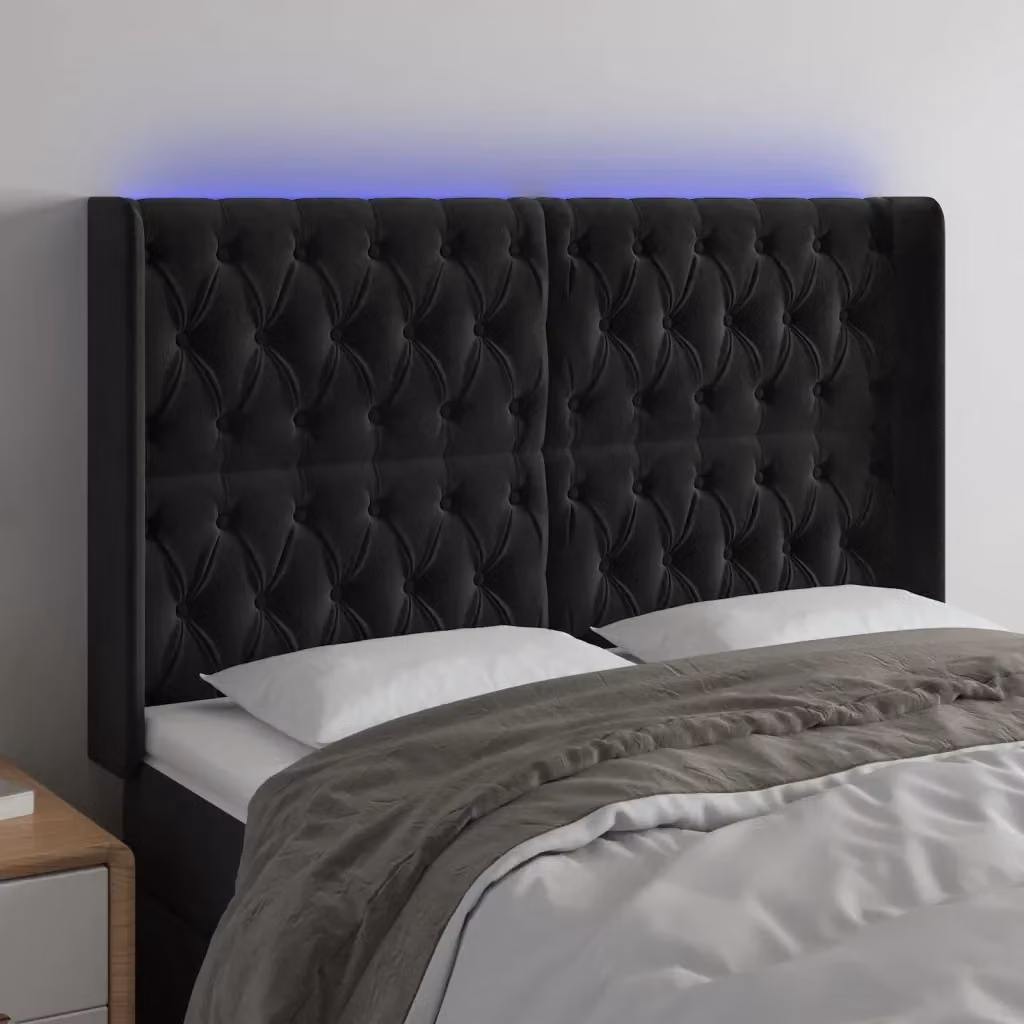 Testata del letto con illuminazione LED e porta di ricarica USB in velluto nero L: 147 cm, P: 16 cm, H: 118/128 cm – 2