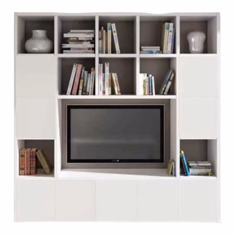 Libreria moderna porta TV bianca per soggiorno Mobili 2G L: 218 cm, P: 30 cm, H: 218 cm